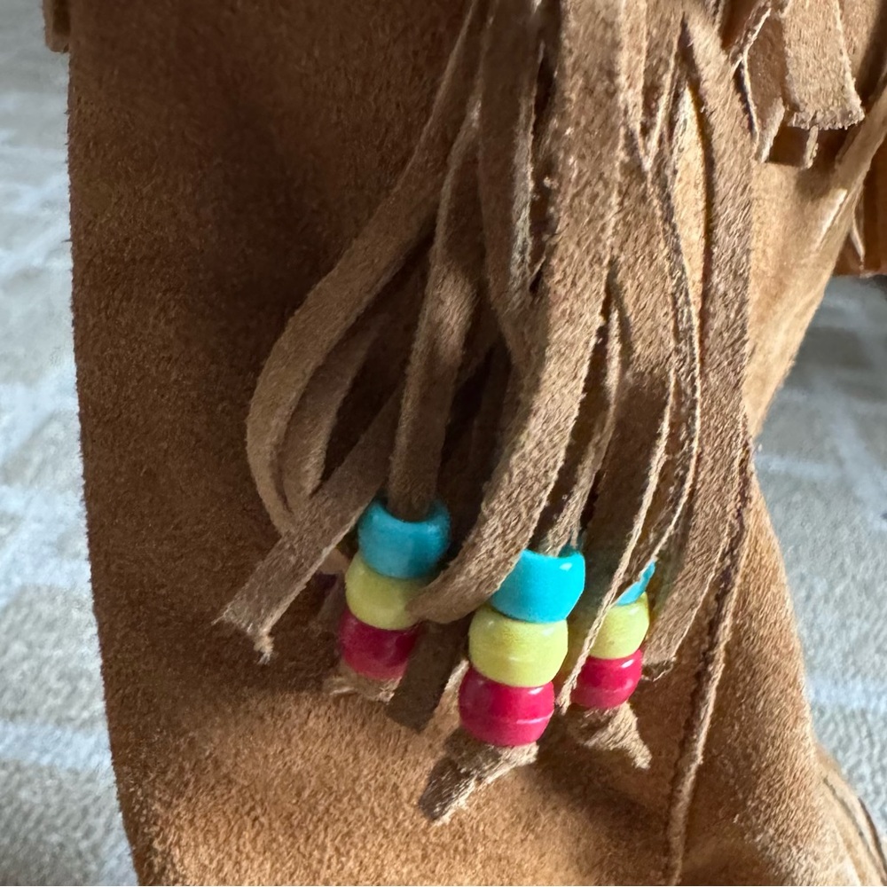Route 66 Suede Fringe Moccasin-Style Slouch Boots Boho Festival Tan Beaded 9 - Picture 3 of 8